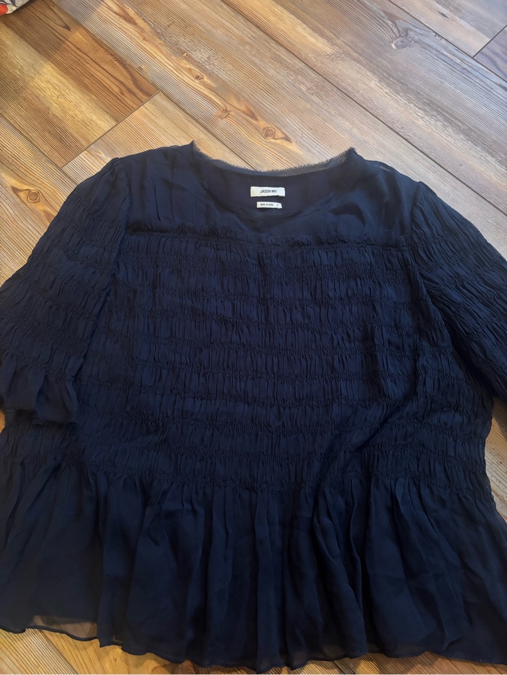 Jason Wu Navy Smocked Peplum Blouse